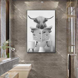 Cute Funny Highland Cow on a Toilet Canvas Painting stampe <span class=keywords><strong>in</strong></span> bianco e nero Wall Art Home <span class=keywords><strong>bagno</strong></span> Decor - Product Image 5