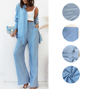 Conjunto de <span class=keywords><strong>Camisa</strong></span> Oversize <span class=keywords><strong>y</strong></span> Pantalones de Pierna Ancha, Manga Larga, Cierre de Botones, Corte Holgado, Ropa Casual Diaria, Ropa de Estar por Casa, Conjuntos Holgados para Mujer, MOQ 1 - Product Image 4