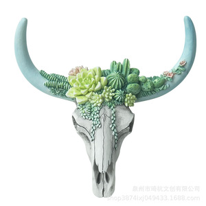 Décoration murale en résine Qi Hang en forme de tête de taureau avec succulentes et cactus pour la décoration intérieure, salon, ornement de fête - Product Image 1