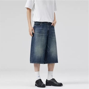 Jeans en denim vintage délavé de haute qualité pour hommes, style américain, coupe ample, droite, baggy, longueur 3/4, capri - Product Image 4