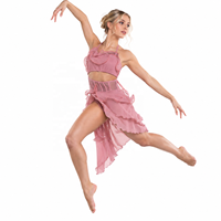 EDREI Costume de danse contemporaine pour femme en quartz rose, haut court à bretelles spaghetti, taille corset à volants, superposé asymétrique