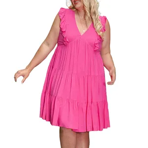 Custom Ruffled Sleeveless Babydoll Mini Pink Casual Dresses Women Lady Elegant Summer Clothing Plus Size Dress