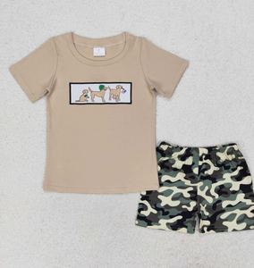 Longlv Conjuntos de Boutique para Niños Pequeños, Camiseta con Estampado de Perro, Pato y Ciervo con Pantalones Cortos de Camuflaje, Algodón/Seda de Leche/Algodón - Product Image 3