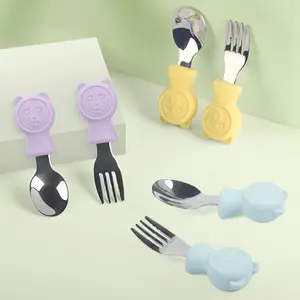 Silicone per bambini cucchiaio e forchetta Set Led svezzamento mangiare cibo in acciaio inox bambino BPA Free Kids Opp Packaging piccolo tipo ad arco