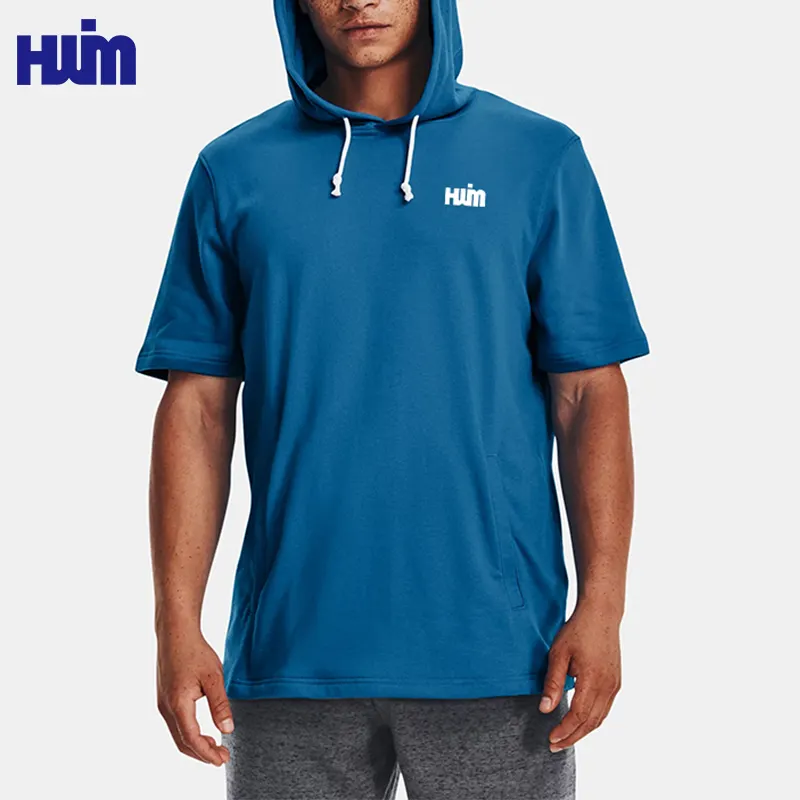 Özel yeni tasarım erkek kısa kollu Hoodies OEM Logo tişörtü erkekler koşu spor spor rahat Hoodie