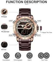 Jam tangan bisnis pria NF9163, arloji kuarsa LCD Digital Dial hitam untuk tali baja tahan karat tangan bercahaya 9163