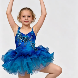 Vestido <span class=keywords><strong>de</strong></span> Ballet con Degradado Azul Anna Shi, Falda <span class=keywords><strong>de</strong></span> <span class=keywords><strong>Organza</strong></span> con Lentejuelas y Flores 3D, Disfraz <span class=keywords><strong>de</strong></span> Danza para Niñas - Product Image 1