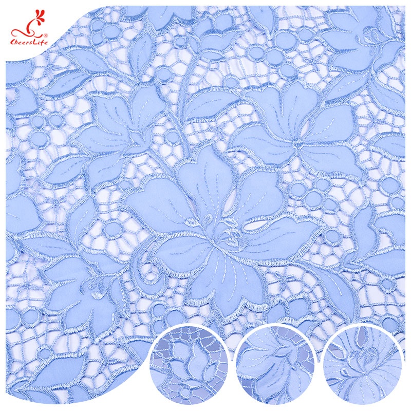 Guipure Lace Fabric With Embroidered Flower Patterns Water Soluble Light Blue Laces Fabric For Women Wear Making