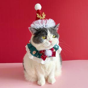 Topi Natal hewan peliharaan merah dan hijau, setelan Natal kerah leher anjing dan topi hewan peliharaan - Product Image 4