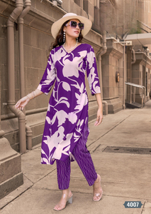 Ensemble Kurti en rayonne imprimée fantaisie avec pantalon afghan pour femmes, vente en gros, vêtements indiens et pakistanais - Product Image 5