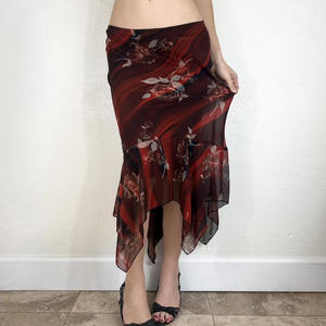 Elegante Falda Midi de Malla Transparente con Estampado Vintage y Dobladillo Asimétrico, Estilo Casual para Vacaciones, Cintura Baja - Product Image 3