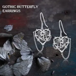 YFN S925 Sterling Silver Butterfly Gothic Jewelry Black Witches Heart Long Hook Boucles d'oreilles