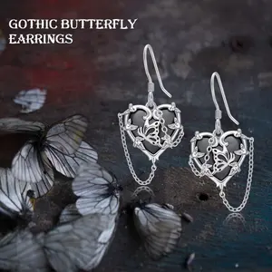 YFN S925 Sterling Silver Butterfly Gótico Jóias Bruxas Negras Coração Longo Gancho Brincos