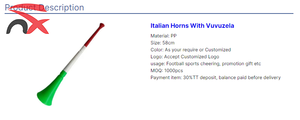 Corne de supporter en plastique avec drapeau italien, Vuvuzela pour l'encouragement des fans de football - Product Image 5