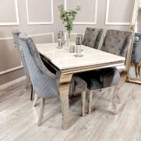 Ensemble de table à manger rectangulaire moderne Fanaopsi 4 places avec chaises, plateau en marbre, pieds en acier inoxydable, fabrication artisanale, durable, pas cher
