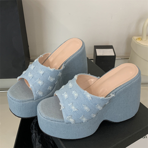 2025 Summer New Fashion Blue Denim Wedge <b>Heel</b> Open <b>Toe</b> Slippers Southeast Asian Style High <b>Heel</b> Thick Bottom Sandals - Product Image 2