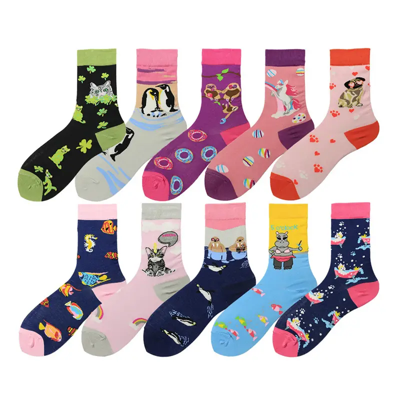 Chaussettes décontractées pour femmes, chaussettes avec animaux, nouveauté, personnalisées, poncé, hippopotame, thème pingouin, en coton peigné,