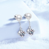 Boucles d'oreilles pendantes tendance en argent sterling 925 avec perle d'eau douce de 6 mm et moissanite taille ronde de 1 carat, certifiées GRA, pour femme