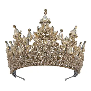 Zarif el yapımı kristal boncuklar düğün Tiara yeşil mavi kırmızı mor altın Queen Headpieces gelin Pageant taç kraliçe kadınlar için