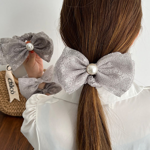 Coiffure élégante pour femmes Chouchous à cheveux en dentelle de couleur grise Maigre Cravates à cheveux avec grand nœud - Product Image 2