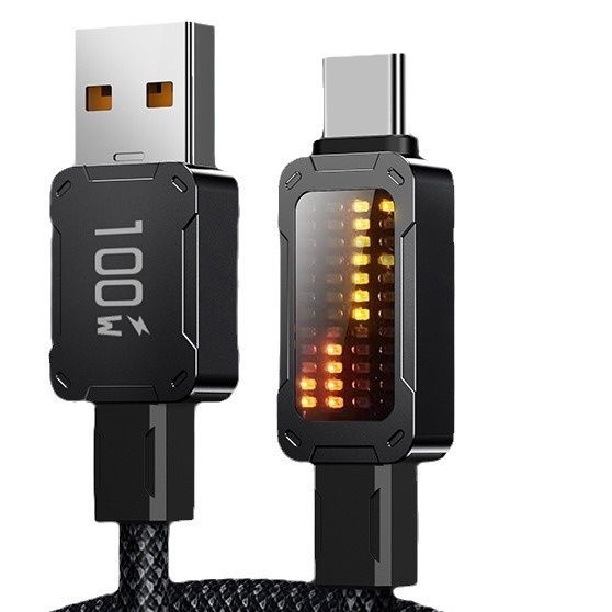 100W Fast Charging Cable for iPhone 15 High Quality Nylon Braided Charger Cable LED Ambient Light Display Car Charging