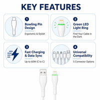 Kabel Pengisian Cepat 27W USB-C ke Lightning 1m dengan Cincin LED Hijau, Kabel TPE Model Bowling Pin untuk iPhone