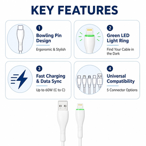 Cable de Carga Rápida USB-C a Lightning de 1m y 27W con Anillo LED Verde, Cable TPE con Diseño de Pin de Bolos para iPhone - Product Image 4