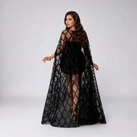 Ensemble de soirée 2 pièces pour adultes grande taille, collection automne, avec cape en maille noire transparente ornée de diamants et robe moulante intégrée