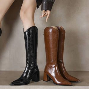 Sepatu bot hak tinggi sepeda motor wanita musim dingin 2025 sepatu bot panjang kulit biji-bijian atas 8cm penutup ritsleting sol karet antiselip - Product Image 5