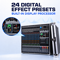 Console de mixage amplifiée 12 canaux EM-12ant 600W x 2 avec amplificateur de puissance, flight case, égaliseur 7 bandes, 24 DSP, USB, Bluetooth, 48V pour scène live et église