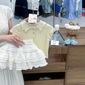 Vêtements d'été pour filles, ensemble de mode deux pièces, t-shirt à col polo, jupe à volants superposés, tenue décontractée - Product Image 2