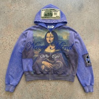 Jaket Hoodie Bordir Custom Berhias Rhinestone Y2K Streetwear Vintage Hitam Pudar Tebal Resleting Pria 100% Katun
