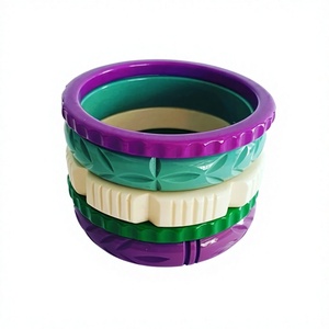 Classic Round Carved Resin <b>Bangle</b> Set in Stylish Bracelet Purple Green Cream Floral Pattern Artistic Design Craft Party Woman - Product Image 1