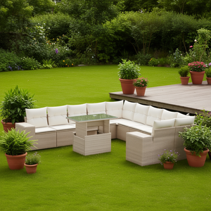 Set Divano da Giardino in Rattan PE Beige con Telaio in Acciaio e Vetro Temperato, Arredamento Esterno Contemporaneo per 6 Posti - Product Image 2