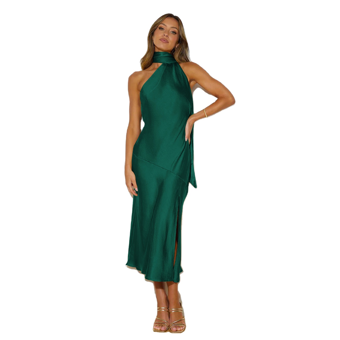 French Style Satin Slit Backless Evening Dress for Women