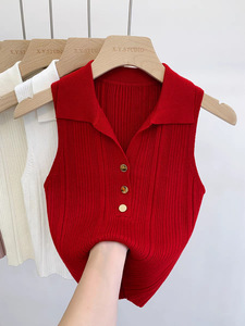 <span class=keywords><strong>Gilet</strong></span> tricoté à col polo pour <span class=keywords><strong>femme</strong></span>, haut <span class=keywords><strong>sans</strong></span> manches ajusté pour l'automne, chemise de base - Product Image 5