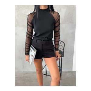 Blouse en tissu ottoman pour femme, manches longues, avec superposition transparente, style minimaliste, haut en maille pour le quotidien - Product Image 4