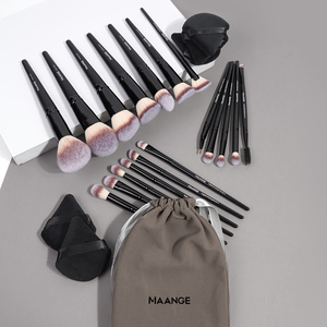 Lot de 18 pinceaux de maquillage noirs personnalisables avec logo OEM, 5 houppettes triangulaires, sac en velours, outils en poils synthétiques – Vente en gros directe usine - Product Image 4