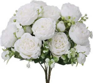 Luxury Velvet Decorative Flowers White Artificial Roses Bouquet For Home Wedding Decoration