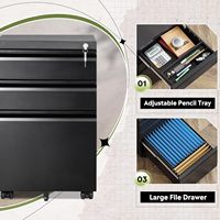 Armoire de classement métallique à 3 tiroirs verrouillable avec serrure à clé, à poser sous le bureau, pour usage commercial ou domestique, noire, format Lettre/A4