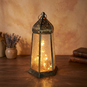 Lanterne marocaine en métal, porte-bougie LED sans flamme, verre hexagonal gaufré, décoration artisanale pour la maison - Product Image 2