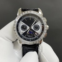 Montre automatique chronographe de luxe en or rose pour hommes, calendrier perpétuel, phase de lune, cristal saphir, analogique, lunette en diamant, cuir