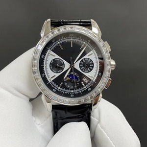 Montre automatique chronographe de luxe en or rose pour homme, avec calendrier perpétuel, phases de lune, lunette sertie de diamants et bracelet en cuir - Product Image 1