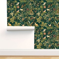 1 rouleau de papier peint autocollant vintage vert forêt avec animaux, papier contact à décoller et à coller avec des motifs de plantes, de fleurs et d'oiseaux