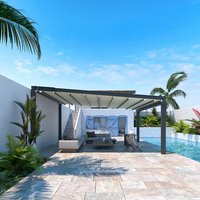 Pergola motorisée de luxe pliable de style chinois en alliage d'aluminium avec persiennes, auvent de patio, protection solaire, imperméable
