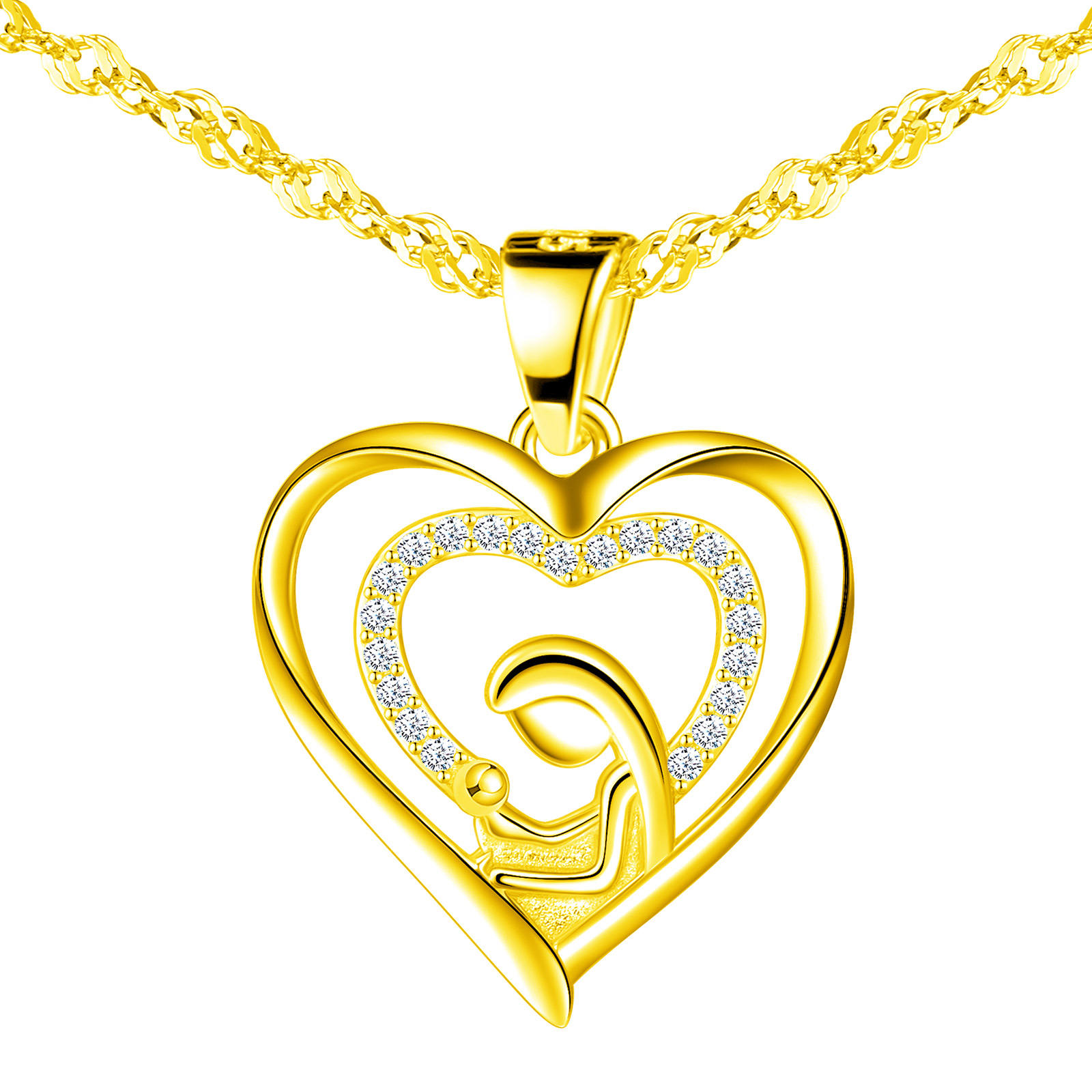 Gold Plated Trendy Double Heart Pendant Necklace Mother Child Embrace  Zircon Stone for Wedding or Mother's Day Gift for Mom