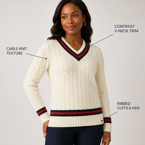 Custom Logo <strong>Women's</strong> Wool Cashmere Blend V Neck Cable Knit Sweater Contrast Stripe Varsity <strong>Cricket</strong> <strong>Jumper</strong> Pullovers - Product Image 2
