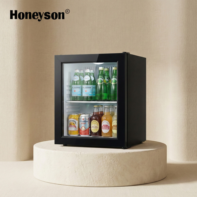 Single 40L Portable Electric Mini Bar Fridge for Hotels LED Light Frost-Free Air Cooling UK Plug Compact 30Lt Glass Refrigerator