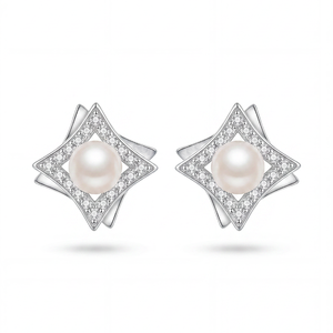 Freshwater Pearl <b>Studs</b> <b>Silver</b> Plated Copper Round Halo CZ Pavé Elegant Jewelry for Women Wedding Party Gifts - Product Image 1
