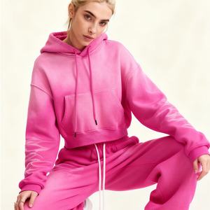 Sudadera con Capucha Corta de Mezcla de Algodón con Forro Polar y Lavado Ácido Vintage, Estilo Casual para Mujer, Temporada de Invierno, TKAN471D - Product Image 1